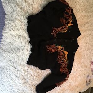 Western fringe sweater /cardigan.  Green and yellow decor